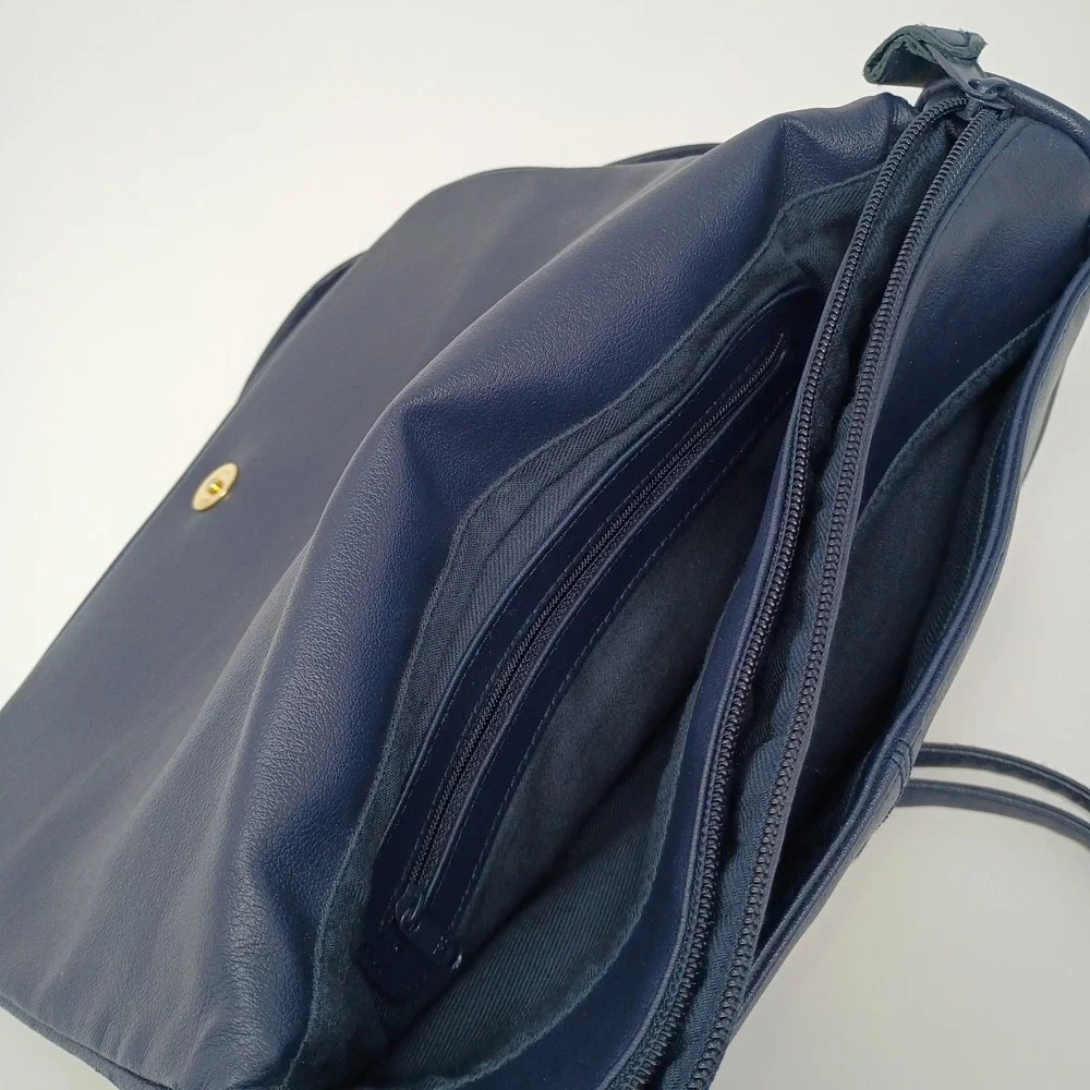 Vintage Cabin Creek Leather Shoulder Bag Purse Navy Blue Gold 90s Office Cottage